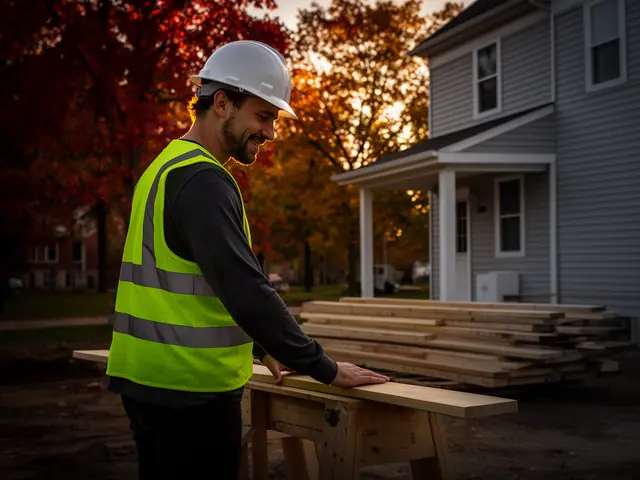A builder in a hard hat and safety vest on a home construction site.