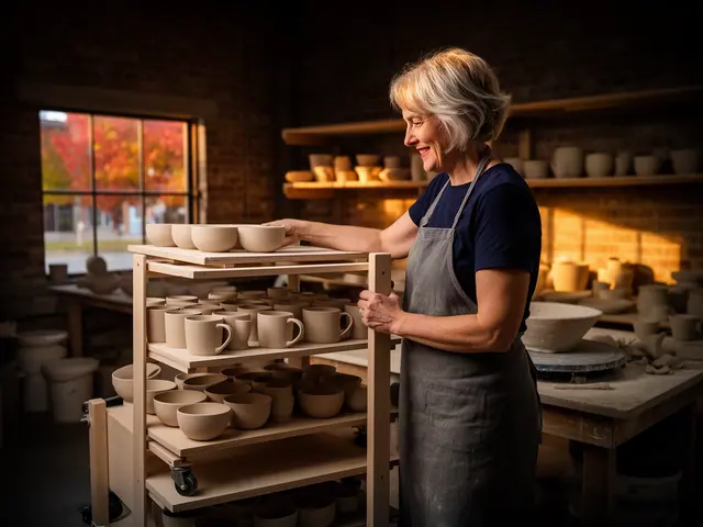 A woman with short gray-blonde hair beside new equipment in a small pottery studio.
