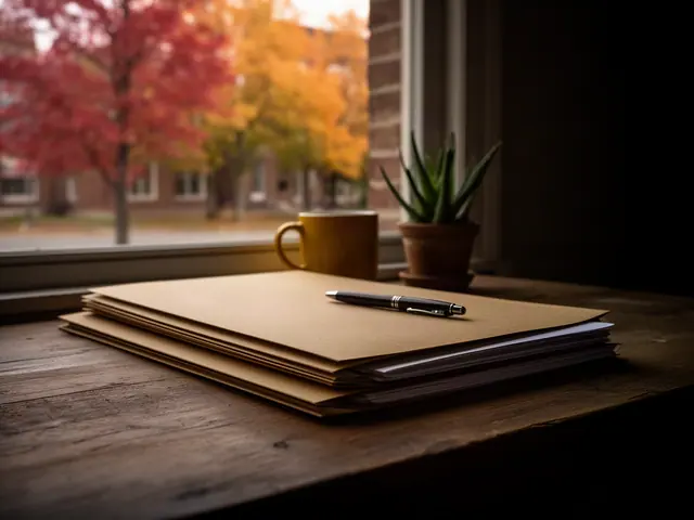 A neat stack of closed manila folders and a pen on a desk by a window.