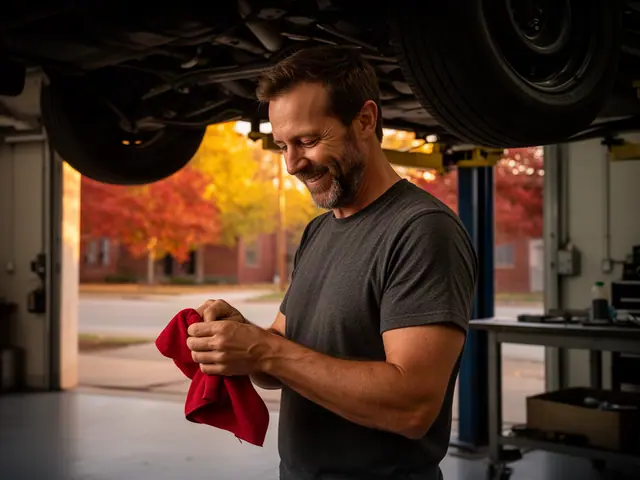 An auto-repair shop owner in a service bay under a lifted car.
