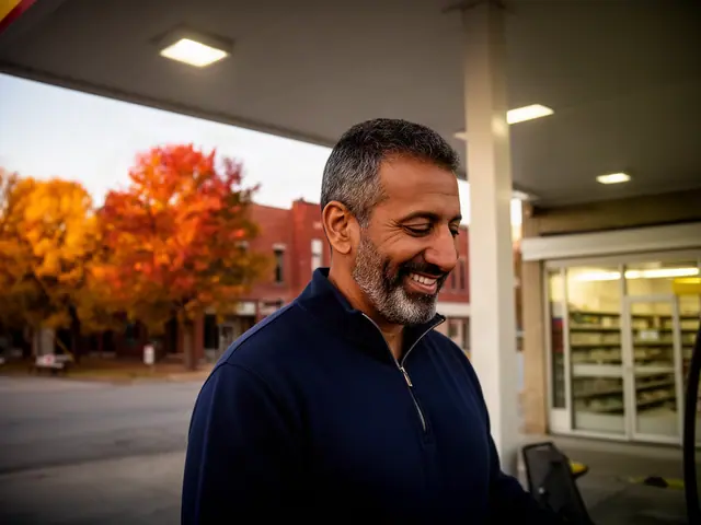 A gas station owner under a white canopy.
