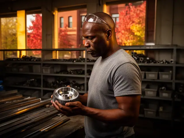 A machinist holding a machined steel part at a workbench.