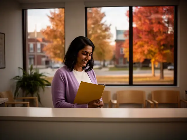 A clinic office manager holding a folder behind a reception counter.