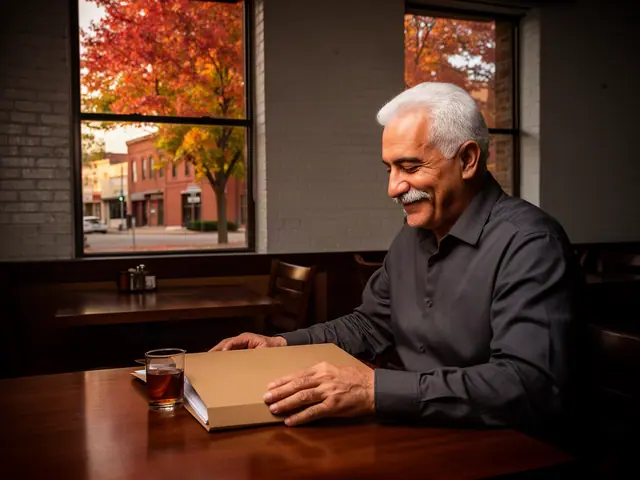 A restaurant owner seated with a folder in an empty dining room before opening.