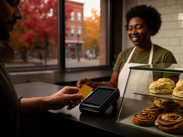 A customer taps a card on a counter terminal at a small downtown coffee and pastry counter.
